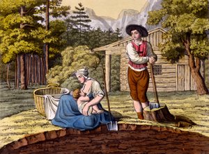 Inhabitants of the Austrian Alps making a homestead, from Costumi dei Romani, Svizzeri.. c.1800-18