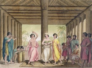 Interior of a Tahitian house with dancing girls, illustration from a collection of early 19th century travel books