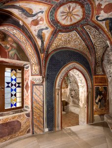 Interior view of the chapel of Saint Gregoire decorated with frescoes of Byzantine influences. Monastery of Saint Benedetto, Subiaco, Italy