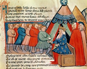 Knights pledging their allegiance to Charlemagne (742-814) from a Venetian codex