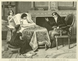 The Childhood of Mazzini, Here He is Happy with His Small Bed Covered with Books and Maps, Proposing Certain Questions (engraving) by Italian School