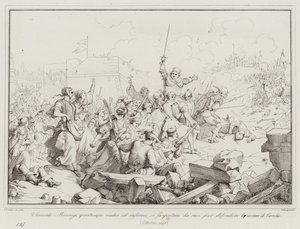 Luigi Leonardo Mocenigo, although old and infirm, has himself carried by his men to defend by Italian School