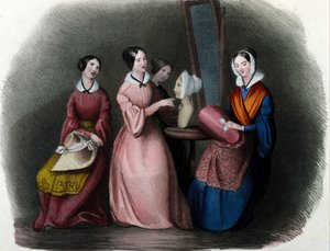 Milanese metier: young women fashioned hats. 1830 Locarno engraving.
