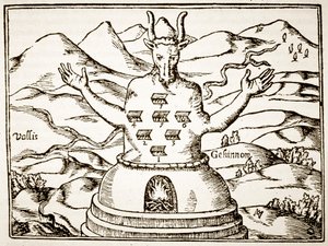 Moloch, copy of an illustration from Oedipus Aegyptiacus by Athanasius Kirchner, Rome 1652, used in a History of Magic, published late 19th century