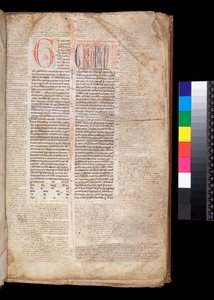Ms 213. Gregory IX, Decretales with Apparatus by Bernardo Botone of Parma, F.1r. Initial [G] in Red with Reserved and Blue Penwork Decoration by Italian School