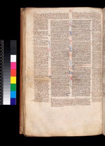 Main text in a gothic bookhand (littera rotunda) by Italian School