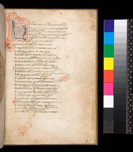 Ms 315. Horace, Ars Poetica and Epistulae, f.1r. Decorated Initial [N] in Blue and Red Diapered Infill and Surrounding Penwork in Red by Italian School
