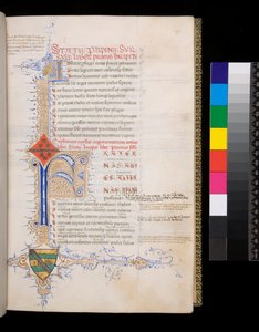 Ms 329. Statius, Thebaid, f.19r. Illuminated initial [F] in blue with reserved decoration for the incipit, and minor initial [A] in gold for the argumentum, and intricate contrasting pen-flourishing of gold and blue, extending to form a L-shaped foliate bo by Italian School