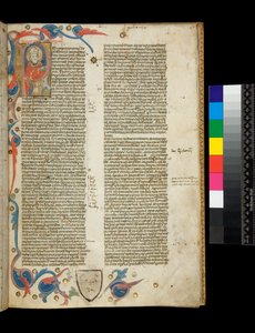 Ms 370. Orosius, Historiarum Adversum Paganos Libri Septem, f.2r. Illuminated Inhabited Initial [P], with Portrait of Author Dressed as a Bishop, and Partial Border with Foliate Motifs, Bologna or Padua by Italian School