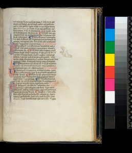 Ms 373. Pseudo-Cicero, Rhetorica ad Herennium, and other works, f.50r. Pen-flourished initials and a penwork decoration in the margin representing a kneeling barefoot monk, c.1337 by Italian School