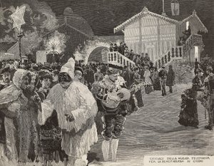 Music kiosk to raise money for blind, Pulcinella mask, Carnival in Naples, Italy, engraving by Gamberoni from L