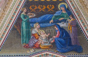 Nativity of Mary, mosaic, gable of side entrance, facade of Orvieto cathedral, Umbria, Italy by Italian School