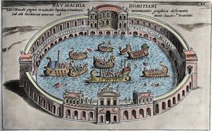Naumachia, naval combat in an amphitheatre in Rome. by Italian School