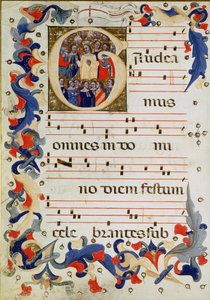 Page of musical notation with a historiated initial G depicting a group of saints with St. Ursula in the middle, Bolognese School by Italian School