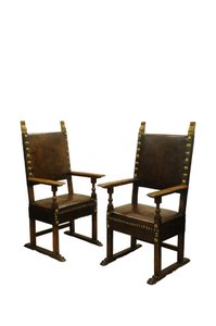Pair Walnut Leather Upholstered Throne Chairs, Italy c.1660 by Italian School