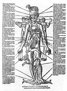 Plate representing a human body with the position of all organs and the zodiacal signs corresponding to them by their astrological influences. Plate drawn from 
