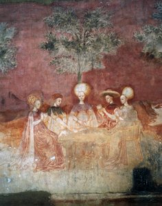 Playing with tarot cards, scene from the Games cycle, ca 1445-1450, fresco, Palazzo Borromeo, Milan
