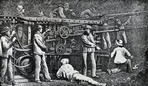 Pneumatic rock-drilling machine created by Giovanni Battista Piatti and perfected by Germano Sommeiller, engraving