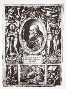 Pope Pius V, with vignettes of the Battle of Lepanto, from Vita del Gloriosissimo Papa Pio Quinto, pub. 1586 by Italian School