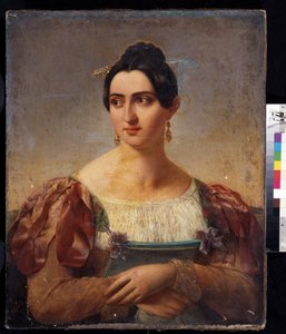 Portrait of a Woman. Young woman of Italian nobility, dressed in a gown with ribbons on the shoulders. by Italian School