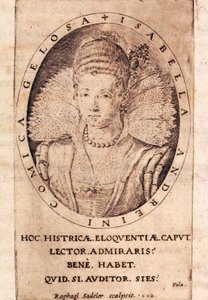 Portrait of Italian actress Andreina Isabella Canali (1562-1604), title page of her letters