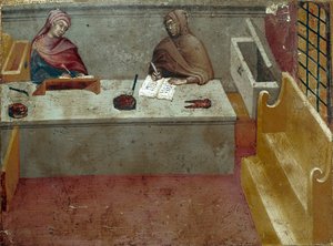 Representation of a camerlinguist, assistant of a copyist. Anonymous painting on wood of a Biccherna by Italian School
