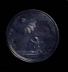 Reverse of a portrait medal of Anna Isabella of Mantua depicting eagle observing the sun, minted 1698 by Italian School