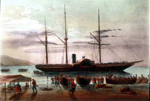 Risorgimento: the departure on 8/08/1860 of Giuseppe Missori, officer of the army of Giuseppe Garibaldi, in the Strait of Messina towards the Fort of Villa San Giovanni. Illustration of the 19th century by Italian School
