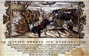 Ruggiero succeeds in escaping from the island of Alcina, and later rescues Angelica from the orc - Scene of the chivalrous poem of 
