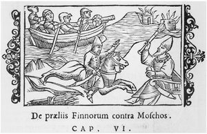 Russians and Finns fighting, illustration from Historia de Gentibus Septentrionalibus by Olaus Magnus, published in Rome, 1555