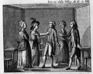 Scene 8 of Act II of the comic piece “Ritorno della villeggiatura” (Return of the City) (1761) by Carlo Goldoni (1707-1793). Engraving of the 18th century
