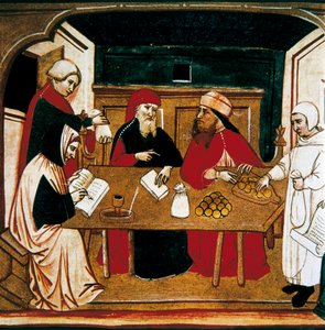 Signature for a transaction, a notary registers the act and a banker is counting the coins by Italian School