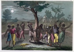 The Dance of the Mombo-Jombo, according to the travels of Mungo Park, from A History of Costume by J. Ferrario, published in Milan c.1820