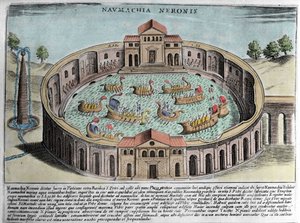 The Naumachia of Neron, representation of a naval battle in Rome. Engraving (17th century). by Italian School