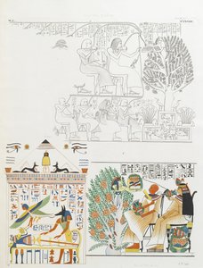 The deceased given food and wine by the Sycamore tree goddess and Anubis with the mummy by Italian School