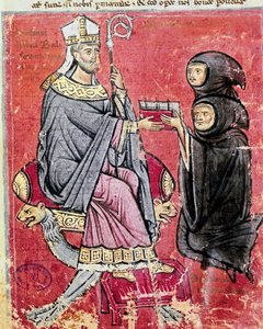 The monk Benedetto da Bari handing over his codex De Septem Sigillis to the abbot Balsamo (13th century) by Italian School