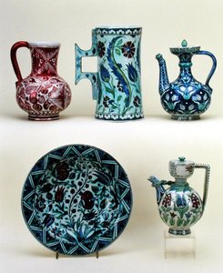 Jug; Large Tankard; Oriental Coffee Pot; Charger; Oriental Coffee Pot, all maiolica from Cantagalli Factory by Italian School
