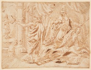 Unidentified scene with an emperor and a man seen from behind announcing a knight by Italian School
