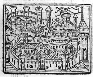 View of the city of Aosta in Italy. Engraving in 