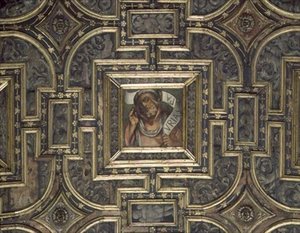 View of the panelled ceiling with painted panels by Italian School