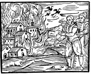 Witches Destroying a House by Fire, Swabia in 1533, Illustration from Compendium Maleficarum by Francesco Maria Guazzo, 1608 by Italian School