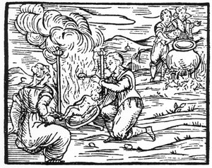 Witches roasting and boiling infants, copy of an illustration from Compendium Maleticarum by Fr M Guaccius, used in History of Magic by Italian School