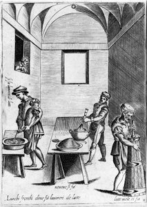 Working milk (dairy product) in a cool place. Engraving from 