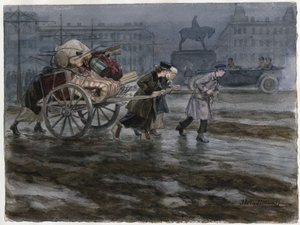 Family moving its belongings on cart (from the series of watercolors Russian revolution) by Ivan Alexeyevich Vladimirov