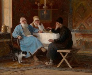Conversation: Three characters at a table
