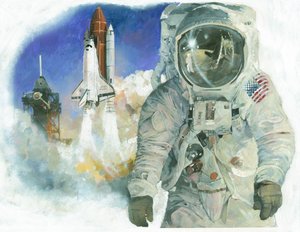 American Astronaut Buzz Aldrin in His Space Suit and Space Shuttle Discovery Launching from Kennedy Space Centre
