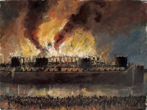 Reconstructed View of the Tower of London with the Grand Storehouse on Fire in 1841