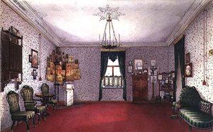 A Russian living room with an icon corner by Ivan Petrovich Volski