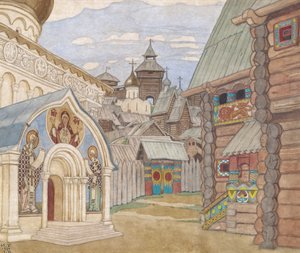 Russian Village. Stage Design for the Opera The Tale of Tsar Saltan by N. Rimsky-Korsakov