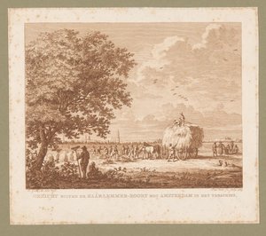 Landscape with Haymaking Farmers with Amsterdam on the Horizon by Izaak Jansz. de Wit